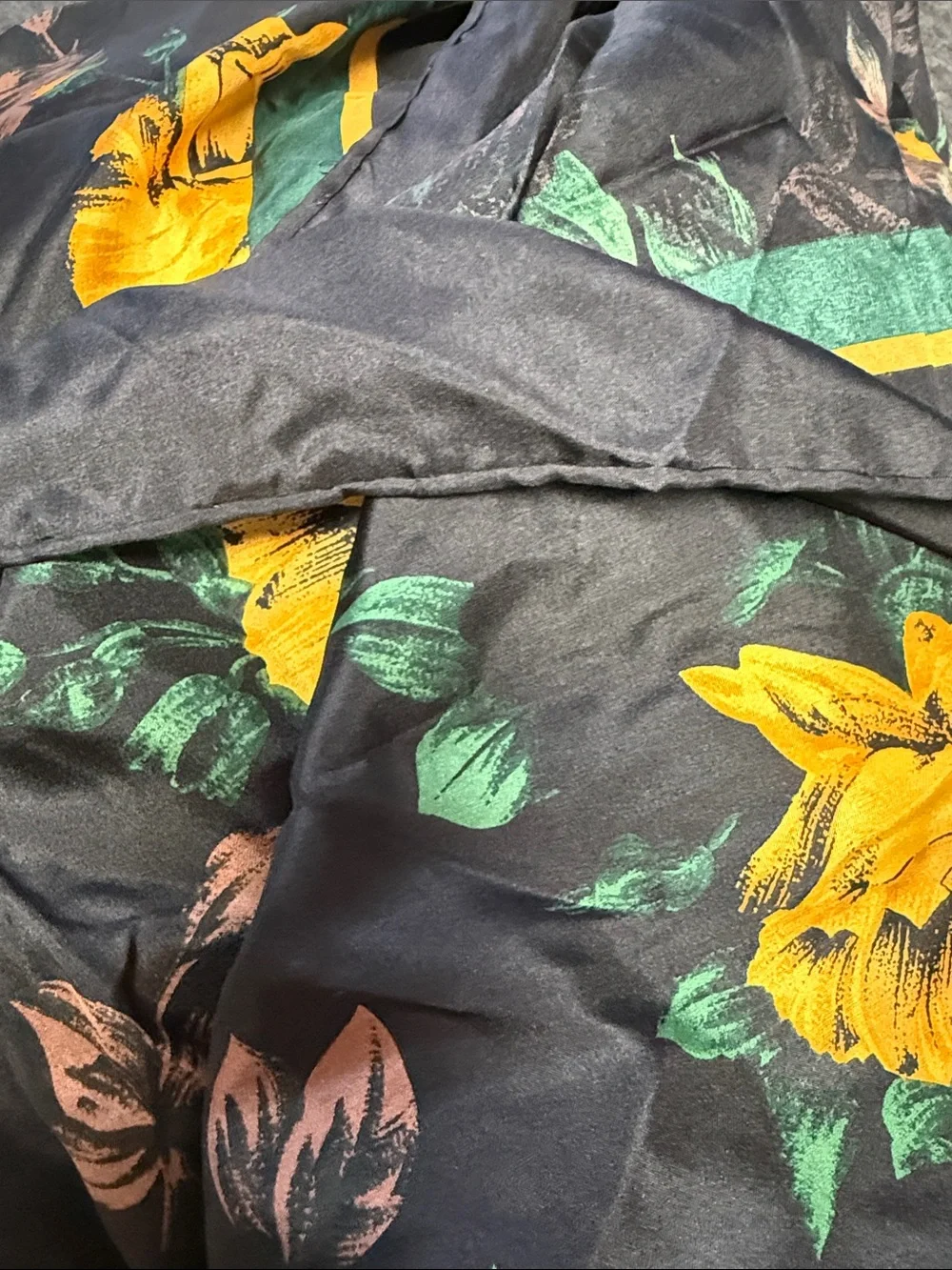 Navy Floral Silk-Look Neck Scarf with Yellow Blooms